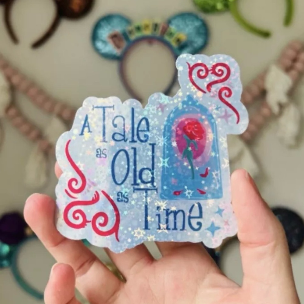 Beauty and the beast tale as old as time rose holographic glitter sticker 3”